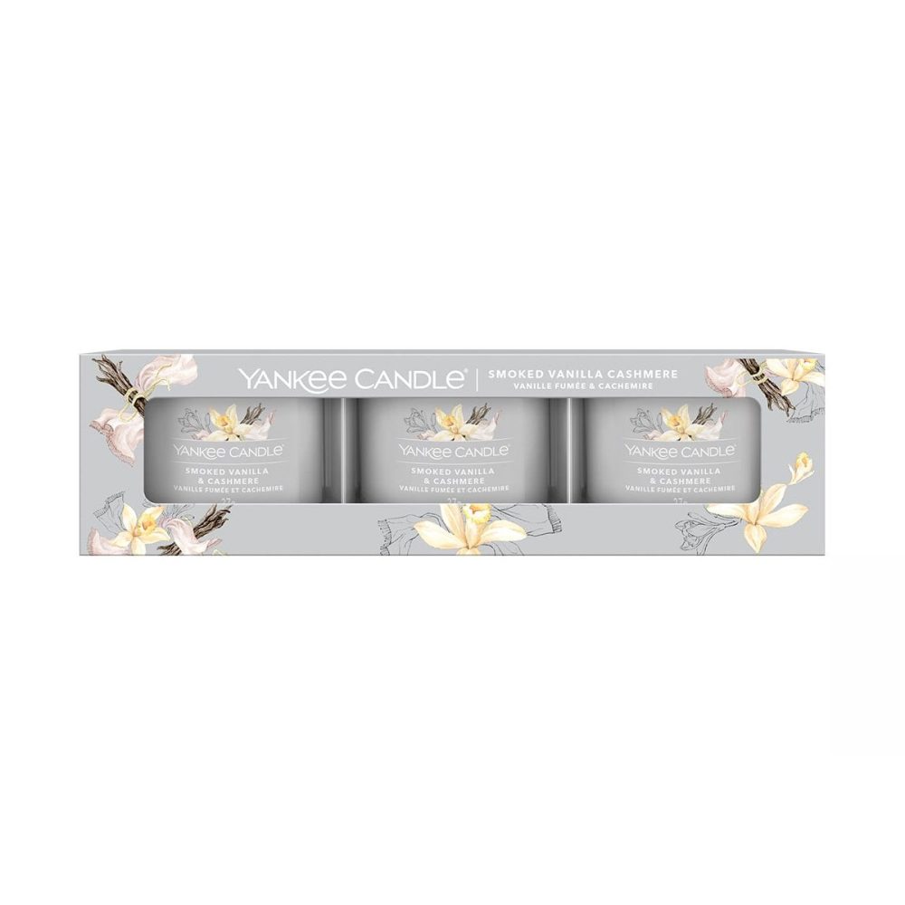 Yankee Candle Signature Smoked Vanilla Cashmere Candele Votive in vetro confezione da 3
