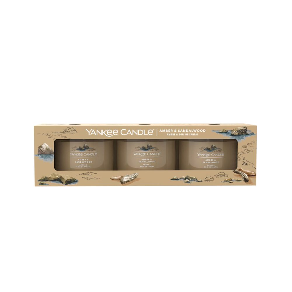 Yankee Candle Signature Amber Sandalwood Candele Votive in vetro confezione da 3