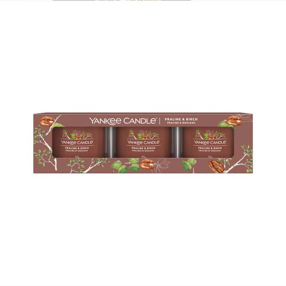 Yankee Candle Signature Praline and Birch Candele Votive in vetro confezione da 3
